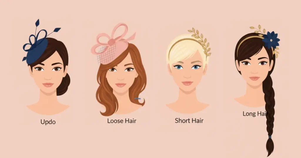 Vector illustration showing how to wear a fascinator with different hairstyles: updo, loose hair, short hair, and long hair, with labeled headpieces and natural skin tones