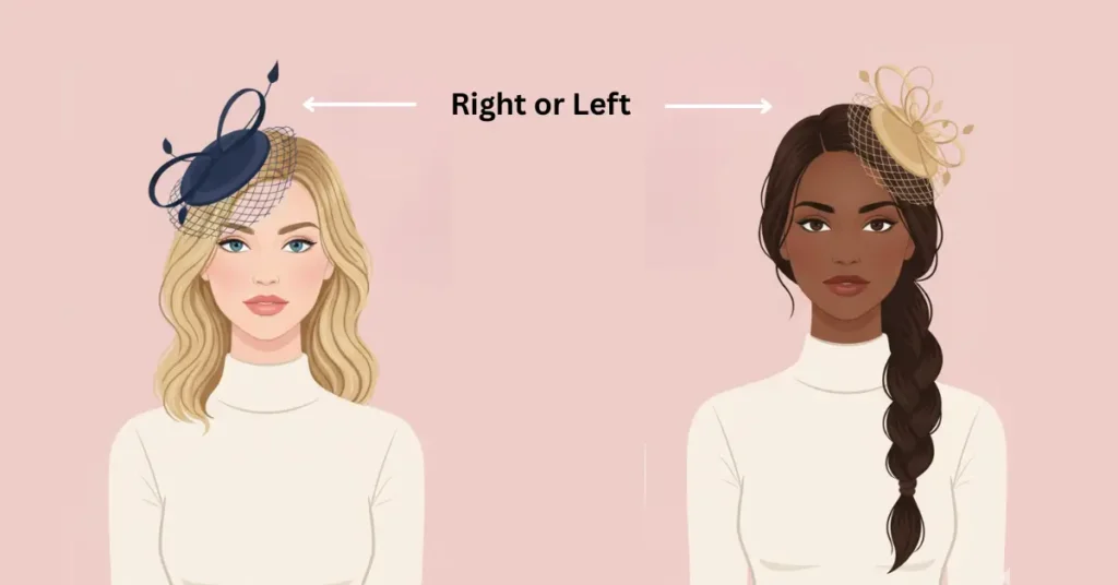 Vector illustration showing two women wearing fascinators on different sides of their heads, one on the left and one on the right, with short and long hairstyles, demonstrating how to decide fascinator placement.
