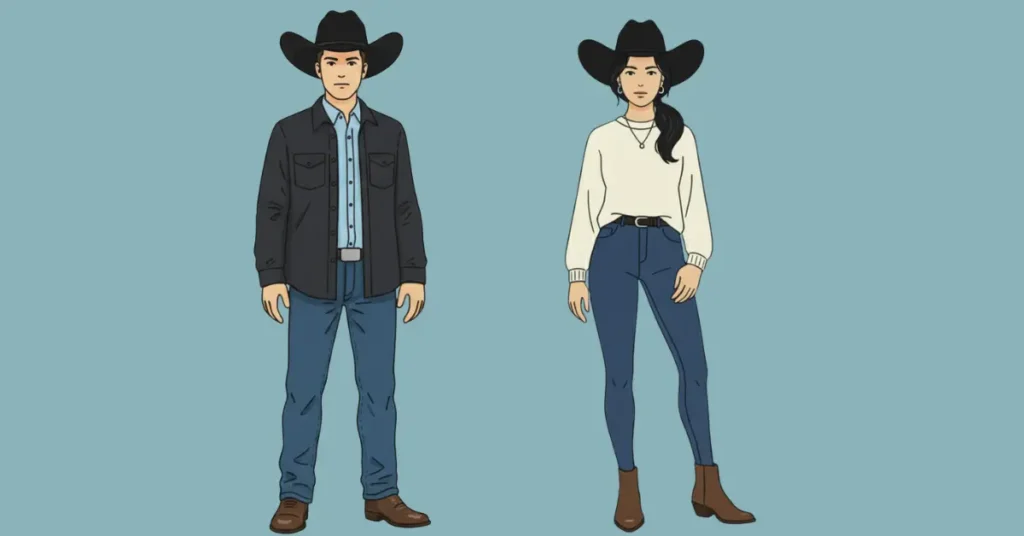 Vector illustration of a man and woman wearing nighttime western outfits with dark felt cowboy hats. The man is styled in jeans, a button-up shirt, and a jacket, while the woman wears jeans with a light sweater, belt, and ankle boots for a polished evening look.