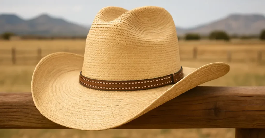 Palm leaf cowboy hat resting on a wooden ranch fence with open countryside and mountains in the background