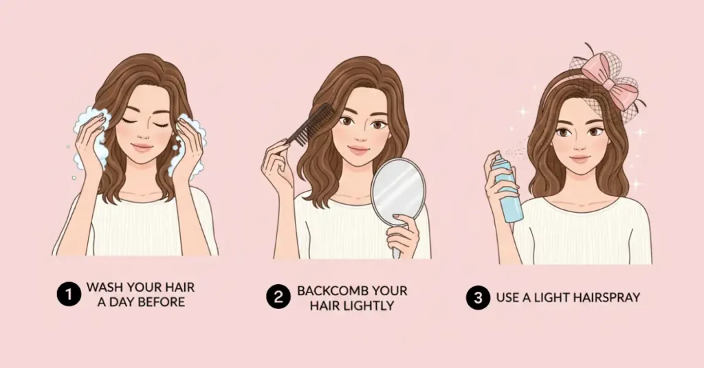 Step-by-step guide showing a woman preparing her hair for a fascinator: washing hair a day before, backcombing lightly, and using light hairspray, with clean pastel background.