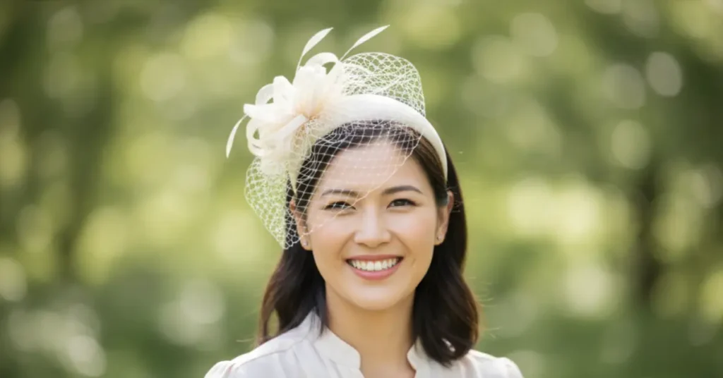 A smiling woman with dark, shoulder-length hair wearing a cream-colored headband fascinator with a delicate net veil and feather accents.
