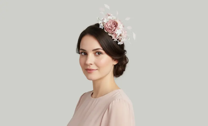 Adult woman wearing a medium or small soft-colored fascinator for wedding that matches her outfit