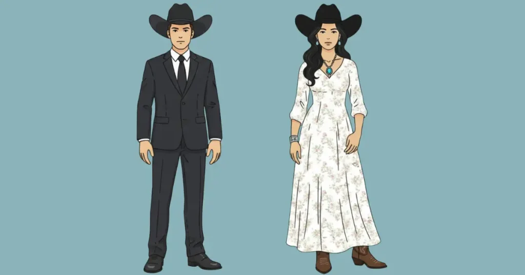Vector illustration of a man in a black suit with cowboy boots and felt hat, and a woman in a white lace dress with turquoise jewelry and cowboy hat.
