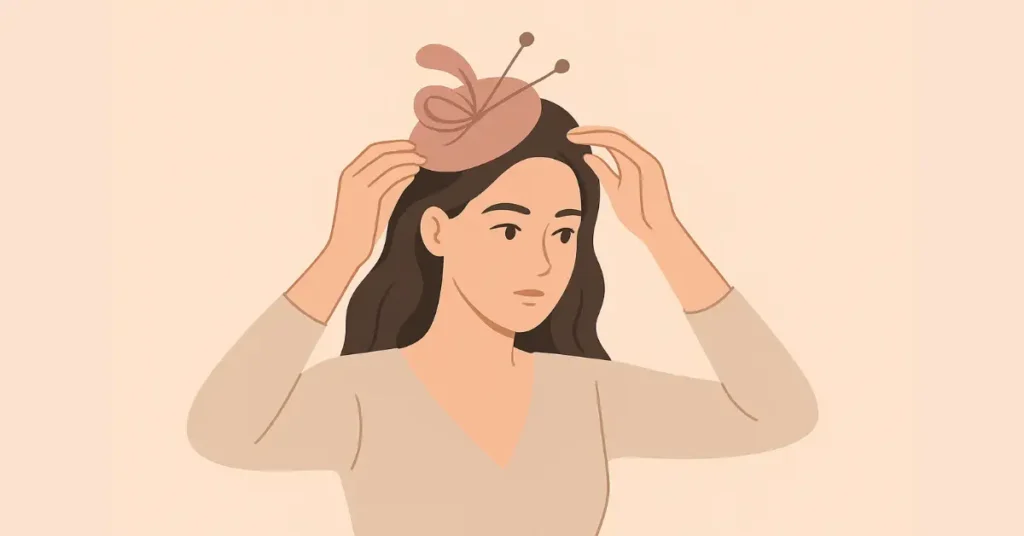 Stylish woman carefully adjusting a fascinator hat with pins in her hair, flat vector illustration
