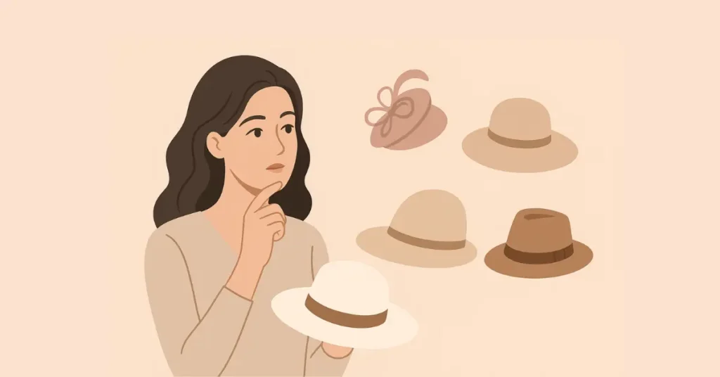 Elegant woman holding a classic hat and looking thoughtfully at fascinator, sun hat and fedora options for a wedding