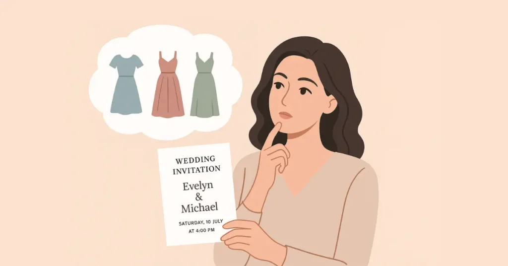 Stylish woman holding a wedding invitation and thinking about three different dresses in a thought bubble, flat vector illustration