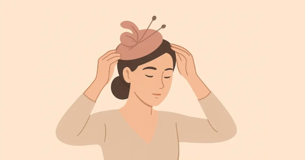 Elegant woman with hair in a bun positioning a fascinator hat to one side of her head, ensuring it sits securely