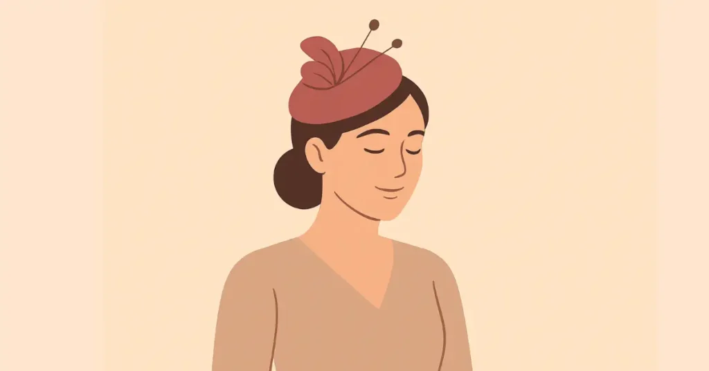 Vector illustration of a woman confidently wearing a fascinator hat, looking relaxed.