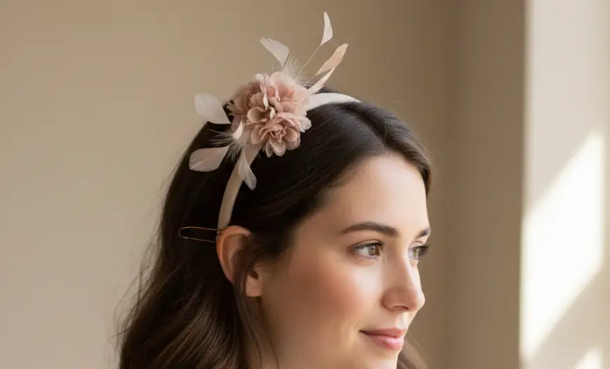 Woman wearing a headband fascinator placed slightly to one side, showing proper fit with softly teased hair and a visible bobby pin for secure support.