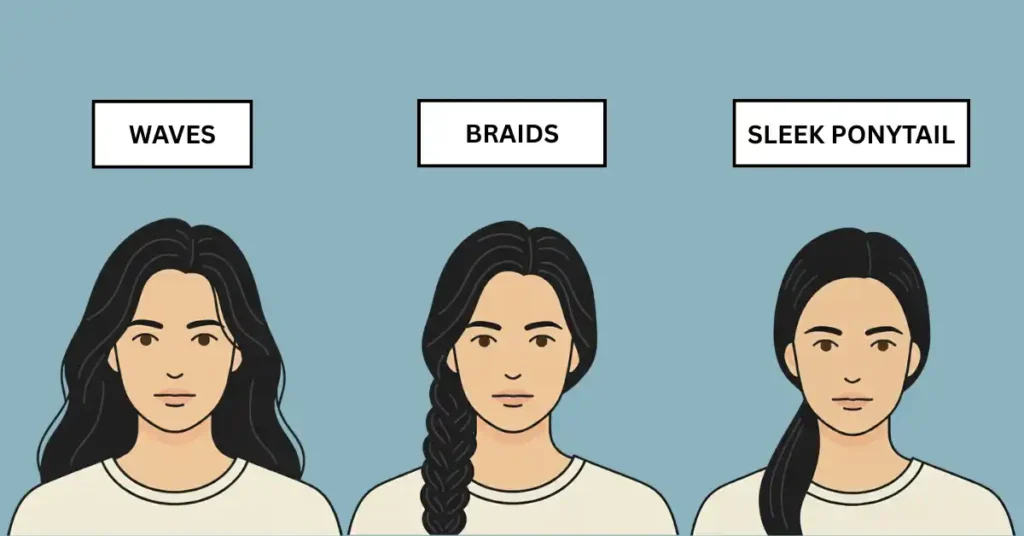 Vector art collection of women's hairstyles including waves, braid, and sleek ponytail in flat design style.