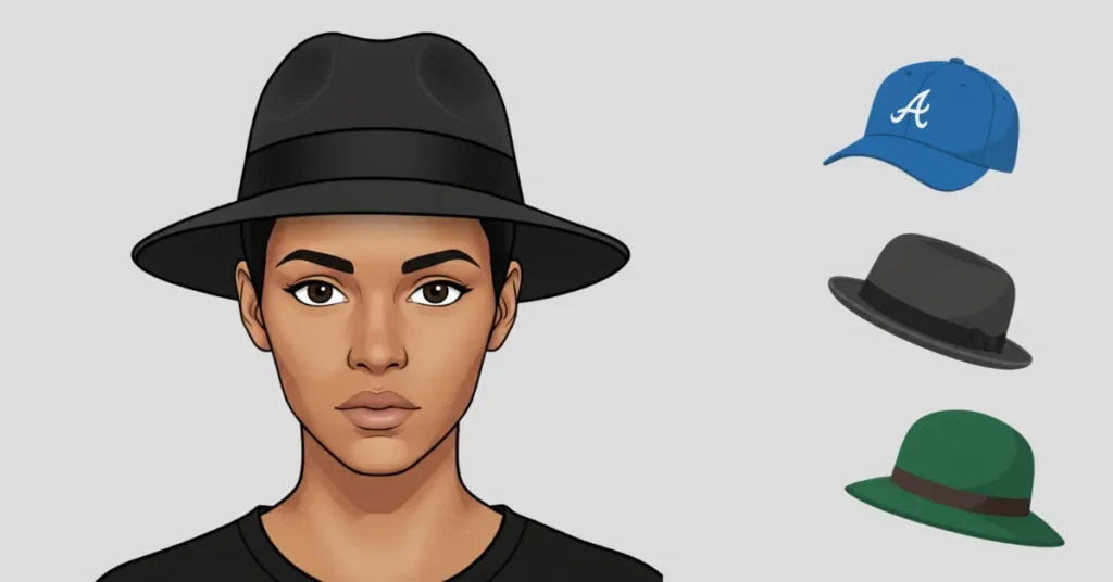 How to Choose the Right Hat for Your Face Shape (With Visual Guide) 12 Vector illustration showing a person with a diamond-shaped face wearing a trilby hat, with cloche, baseball, and pork pie hats displayed on the side as suitable hat styles.