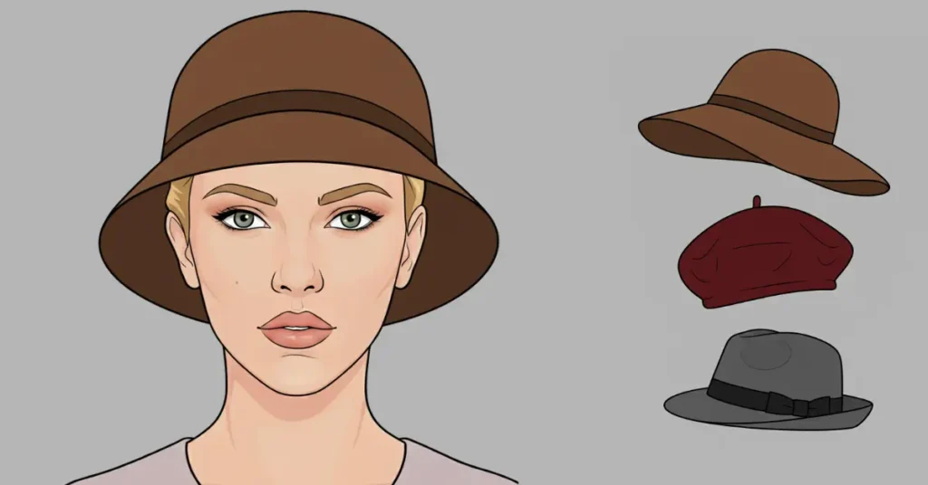 How to Choose the Right Hat for Your Face Shape (With Visual Guide) 11 Vector illustration showing a person with a heart-shaped face wearing a cloche hat, with floppy hat, beret, and trilby hat displayed on the right side.