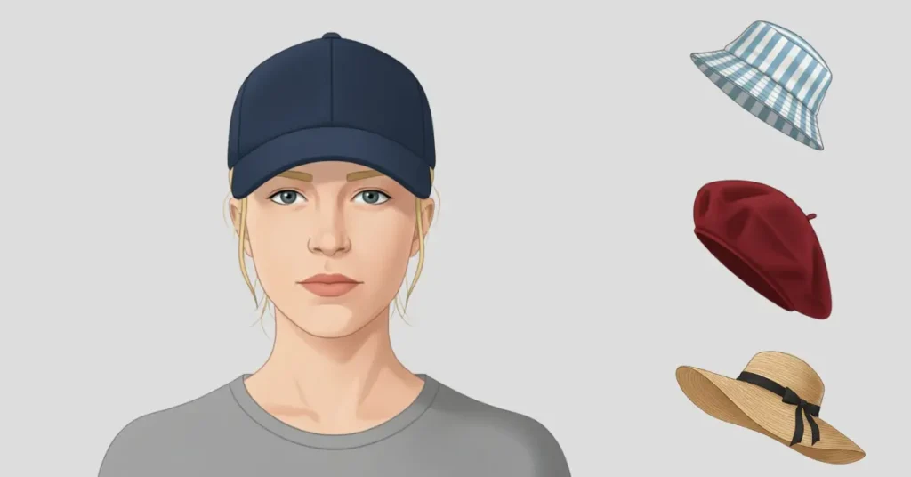 How to Choose the Right Hat for Your Face Shape (With Visual Guide) 9 Vector illustration of a person with an oval face wearing a baseball cap, showing best hat styles for oval faces including bucket hat, beret, and sun hat.