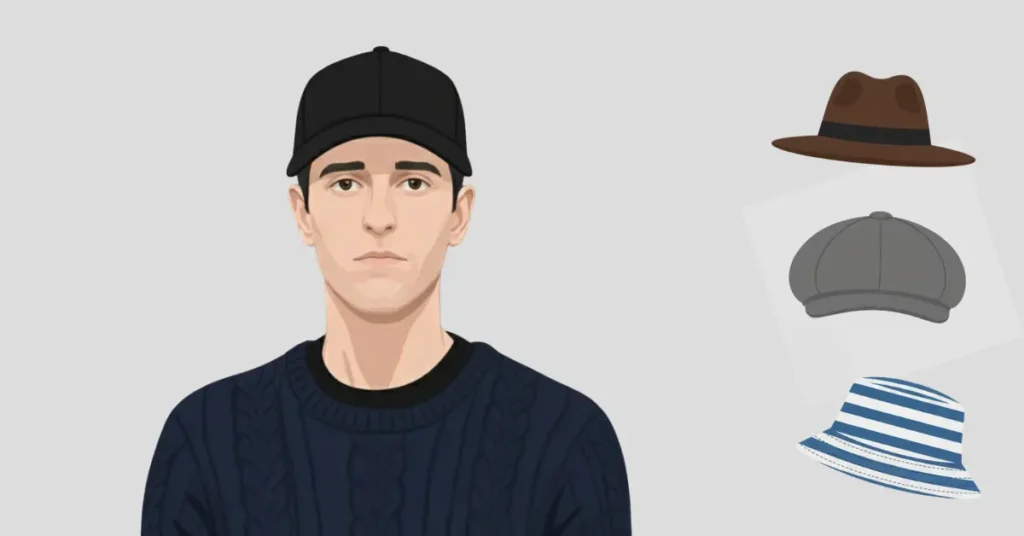 How to Choose the Right Hat for Your Face Shape (With Visual Guide) 13 Illustration showing best hats for rectangular face shape, including wide-brim fedora, bucket hat, and newsboy cap