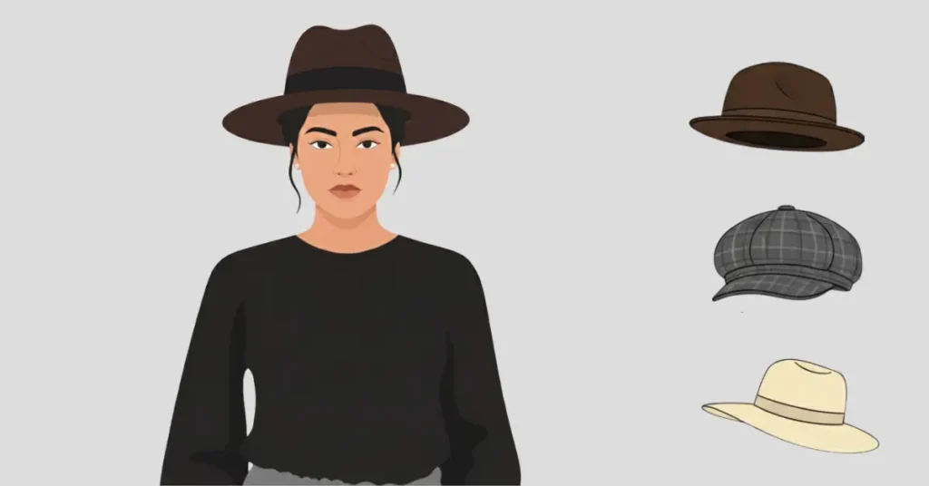How to Choose the Right Hat for Your Face Shape (With Visual Guide) 8 Vector illustration of a person with a round face wearing a fedora hat, showing best hat styles for round faces with examples of pork pie hat, newsboy cap, and wide-brim hat.