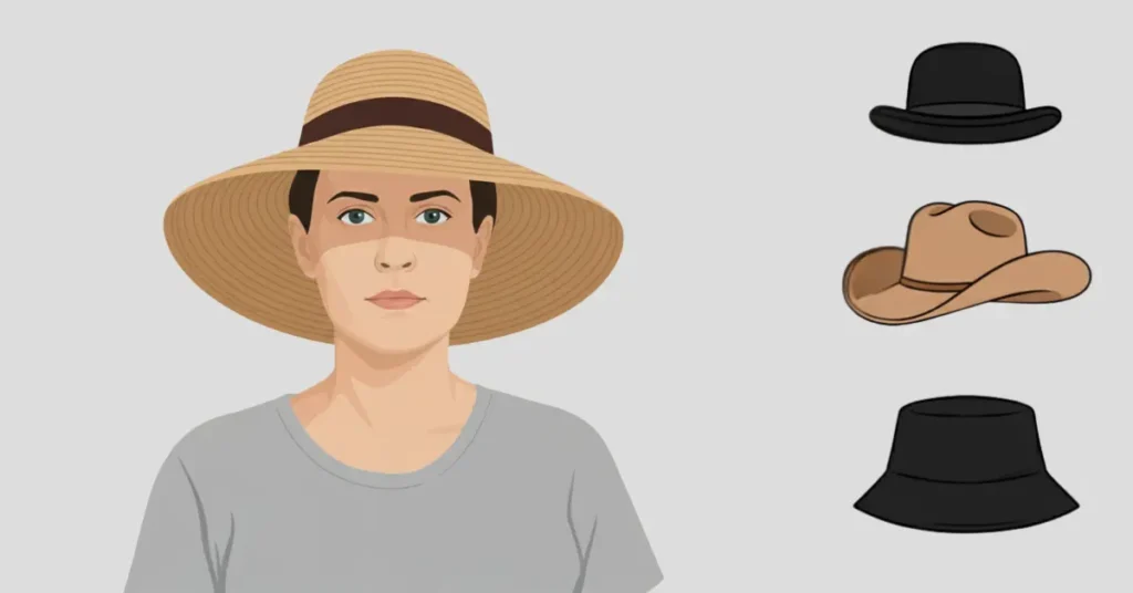 How to Choose the Right Hat for Your Face Shape (With Visual Guide) 10 Vector illustration of a person with a square face wearing a floppy hat, with bowler, cowboy, and bucket hats shown on the side as best hat styles for square faces.