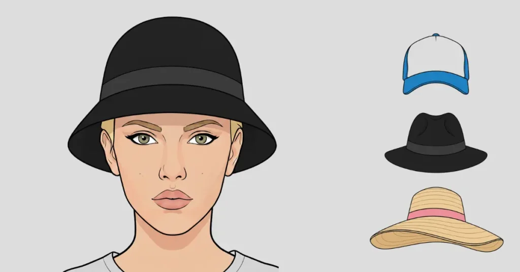 How to Choose the Right Hat for Your Face Shape (With Visual Guide) 14 Vector illustration of a triangle face shape wearing a fedora hat with three recommended hat styles—baseball cap, cloche hat, and floppy hat—shown on the right side in circular frames.