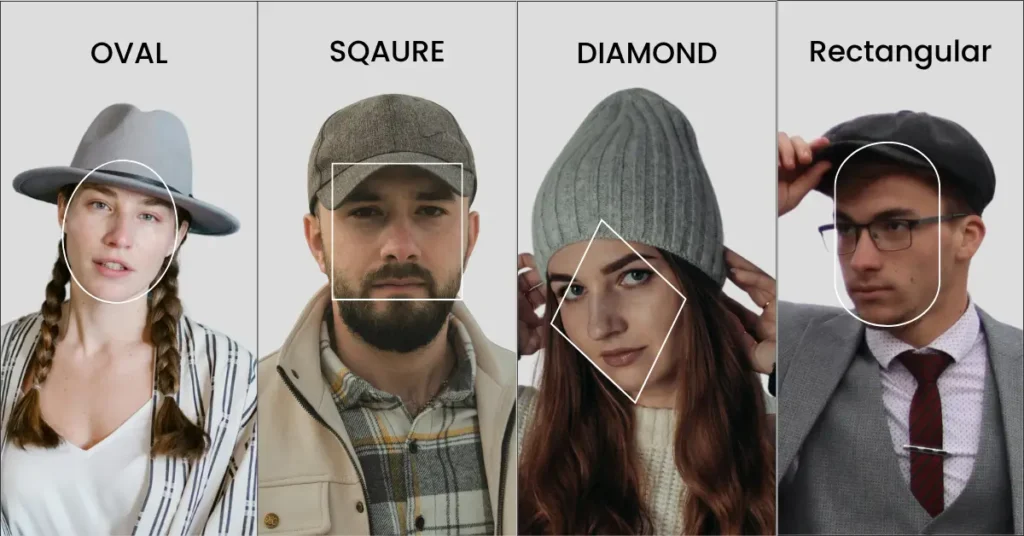 How to Choose the Right Hat for Your Face Shape (With Visual Guide) 1 Four head-and-shoulder portraits of people wearing hats (fedora, baseball cap, knit beanie, flat cap) illustrating different face shapes.