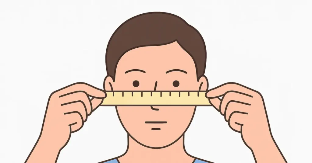 How to Choose the Right Hat for Your Face Shape (With Visual Guide) 5 Vector illustration of a person measuring cheekbone width with a soft measuring tape placed below the eyes at the widest points.