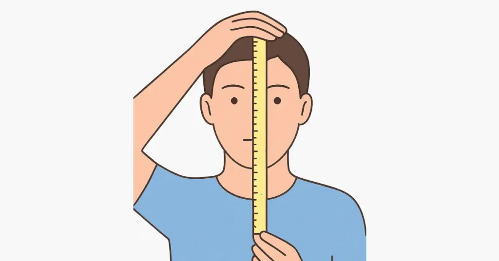 How to Choose the Right Hat for Your Face Shape (With Visual Guide) 7 Front-view vector illustration showing a person measuring face length vertically from hairline to chin with a soft measuring tape.