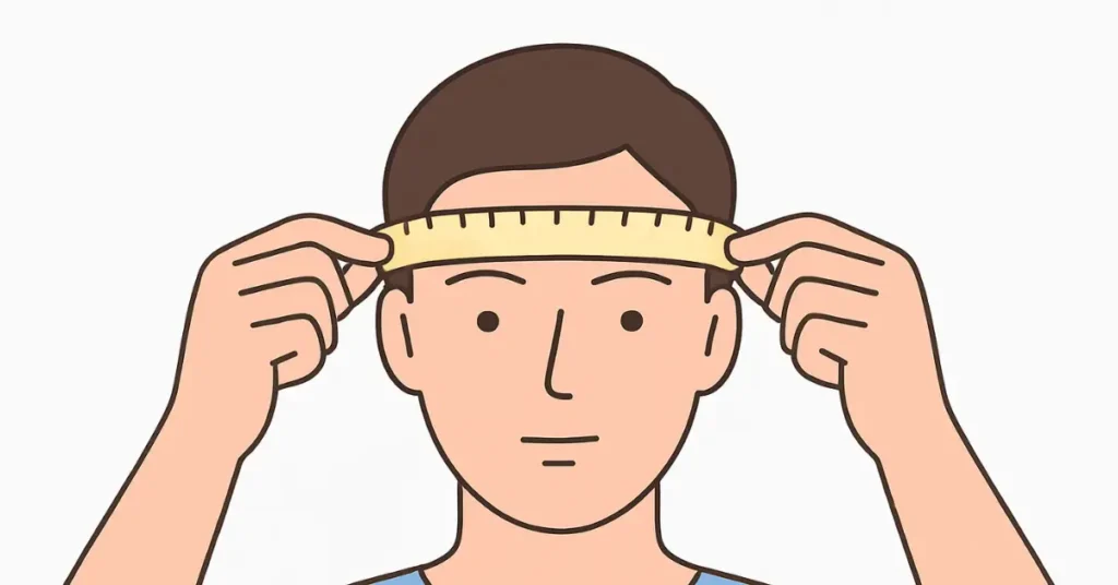 How to Choose the Right Hat for Your Face Shape (With Visual Guide) 4 Front-facing vector illustration showing a person measuring forehead width with a soft measuring tape across the temples.
