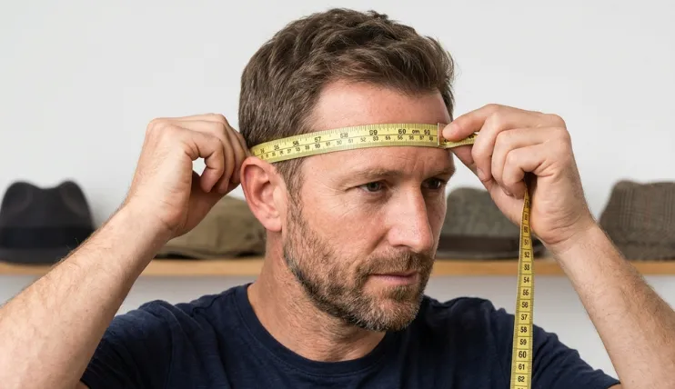 Home 7 A man using a yellow tape to learn how to measure head for a hat size while standing in front of a shelf with hats.