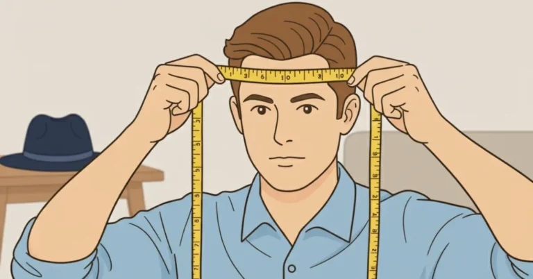 Man measuring head circumference with a measuring tape across the forehead to determine correct hat size
