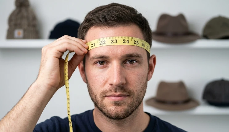 A detailed picture of a person holding a yellow ruler on their forehead to show how to measure head size correctly with a hat shelf behind.