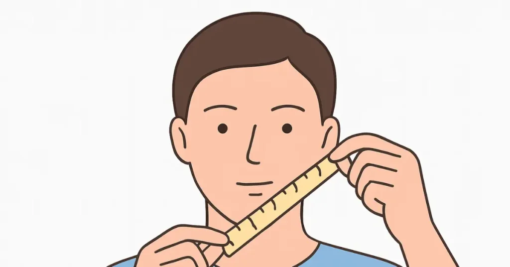 How to Choose the Right Hat for Your Face Shape (With Visual Guide) 6 Flat vector illustration of a person measuring jawline length from chin to below the ear using a soft measuring tape.