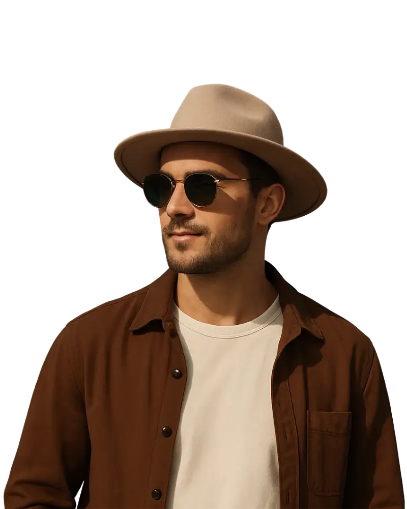 Home 1 A stylish man wearing a beige fedora hat, white t-shirt, and brown jacket posing confidently under the sky — representing modern hat fashion and style inspiration.