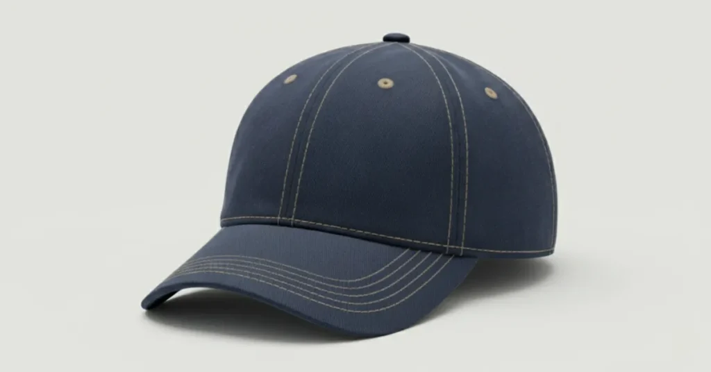 front angled view of a navy blue baseball cap on a light-gray background showing the crown, bill, and button with natural shadows.