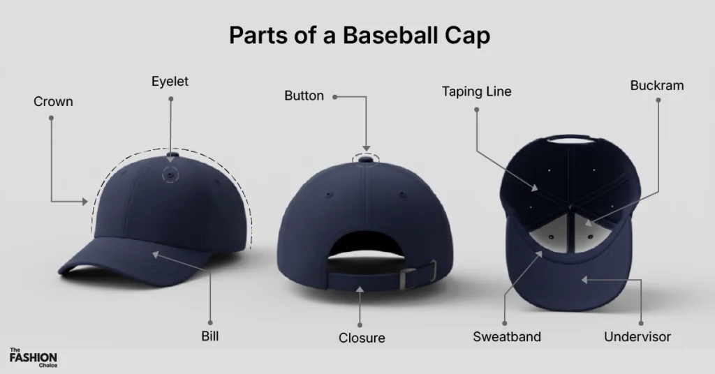Infographic showing labeled parts of a baseball cap including crown, panels, bill, undervisor, eyelet, sweatband, and closure for educational purposes.