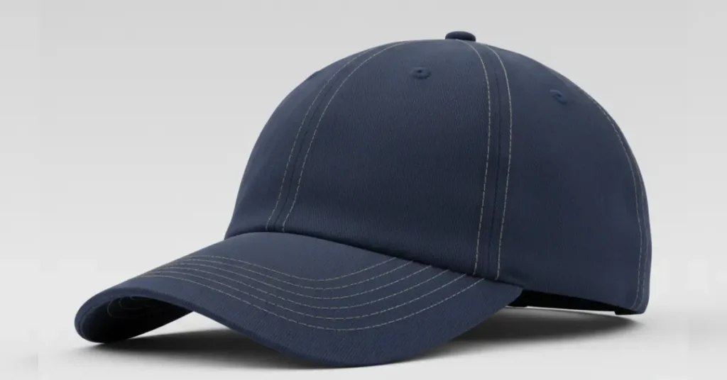 Side view of a baseball cap with a pronounced, fully curved bill in navy fabric on a light-gray background, illustration.