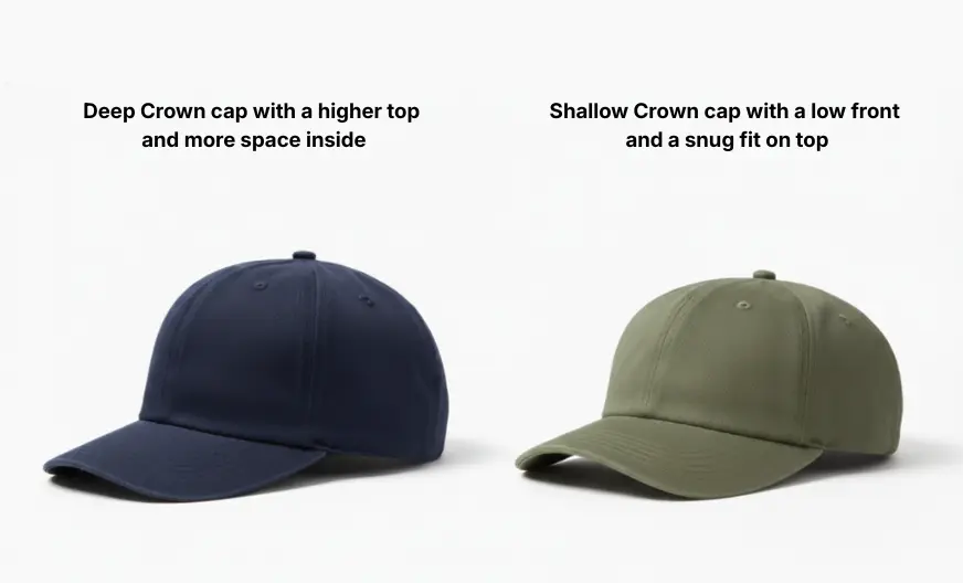 The Headroom Method: How to Find Hats That Fit Big Heads 4 Side angle product photo comparing two baseball caps: deep crown cap with a taller top and more space, and shallow crown cap with a lower top and snug fit