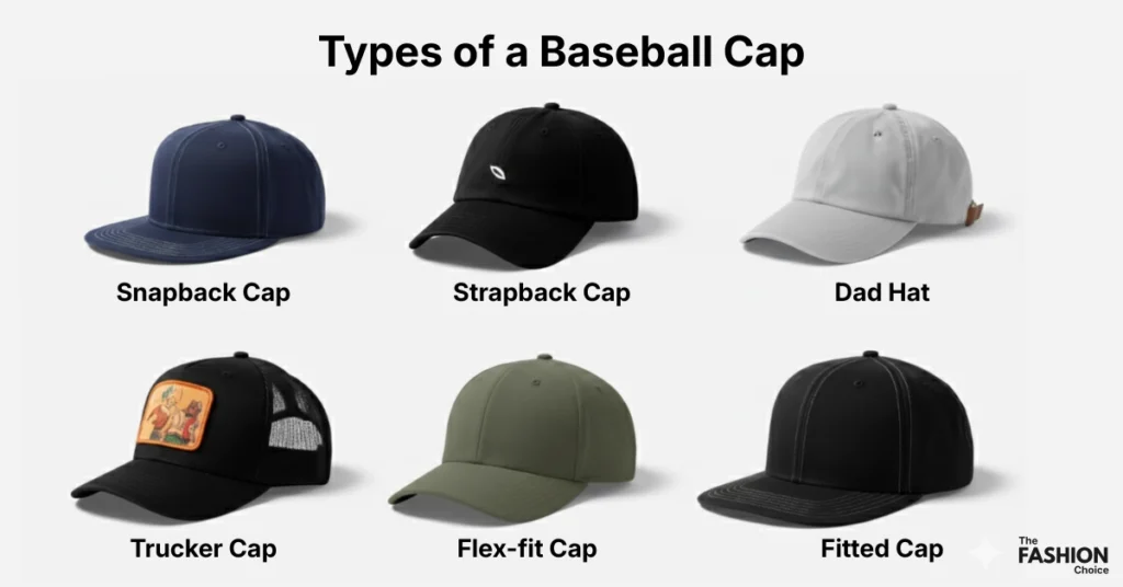 Six types of baseball caps side view: snapback, dad hat, strapback, trucker, fitted, and flex-fit, showing crown, brim, and closure on a light gray background.