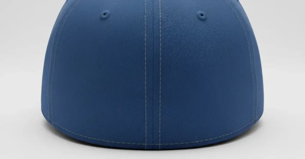 Back view of a fitted baseball cap with no adjustable closure, medium-dark blue fabric, detailed stitching, light-gray background, life-like illustration.