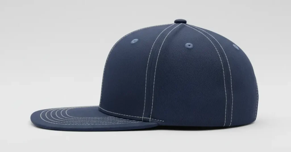 Side view of a baseball cap with a completely flat bill in dark-blue fabric on a light-gray background, illustration.