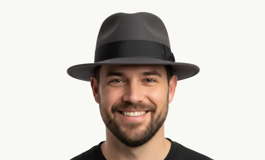 The Headroom Method: How to Find Hats That Fit Big Heads 2 Smiling bearded man wearing a well-fitted grey fedora, demonstrating a successful result of the headroom method for big head hats.