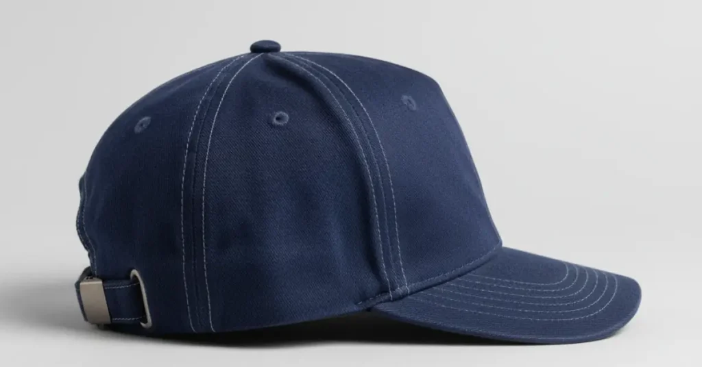 Side view of a high-profile baseball cap crown with tall front panel and dark-blue fabric, illustration.