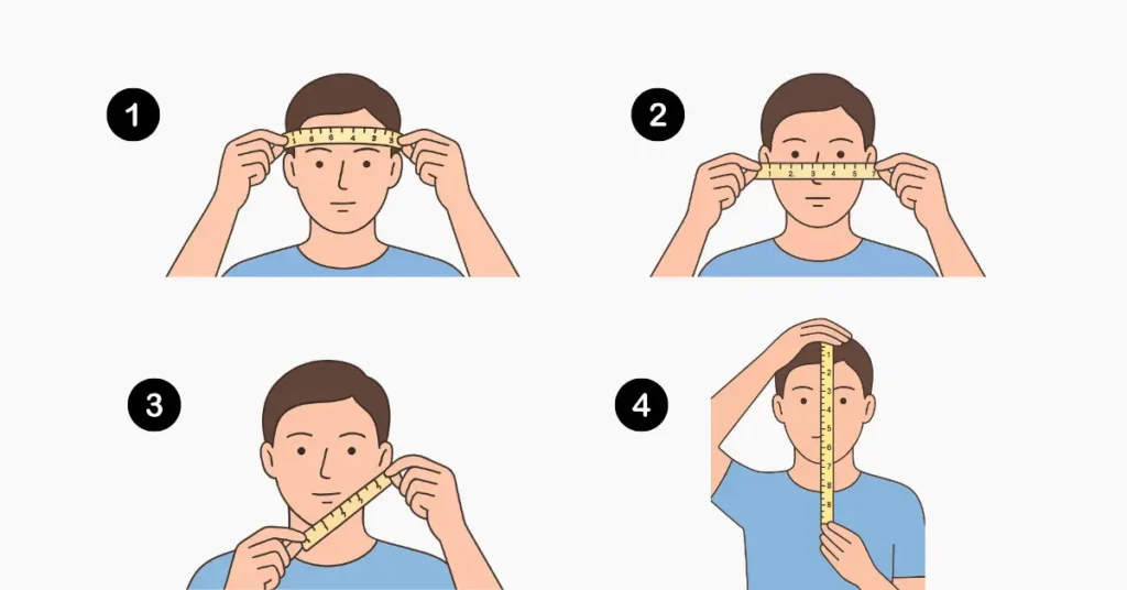 Person measuring face shape using a soft measuring tape, showing forehead, cheekbone, jawline and face length measurements.