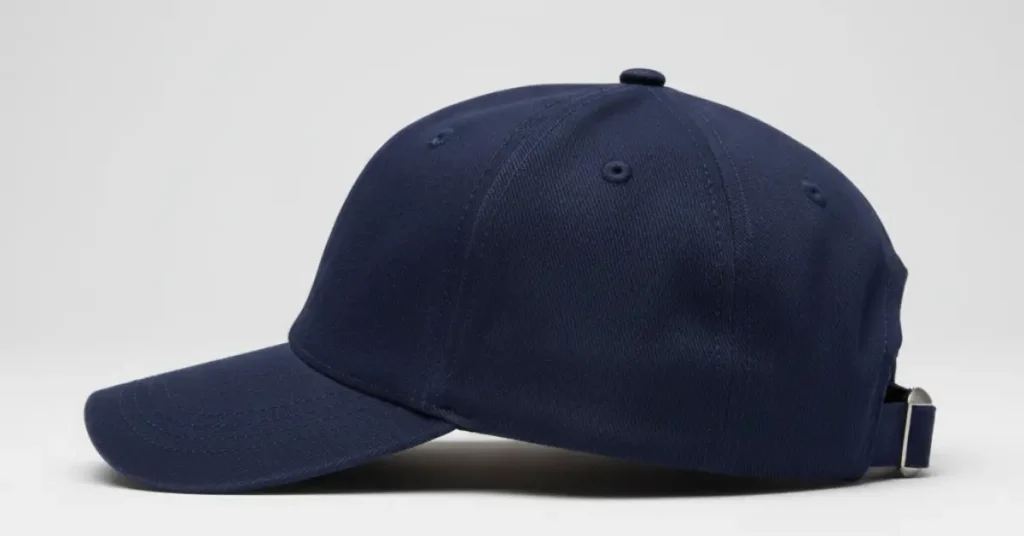 Side view of a low-profile baseball cap crown with shallow front panel and navy fabric, illustration.