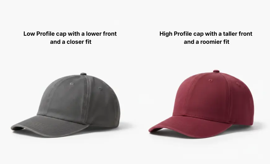 The Headroom Method: How to Find Hats That Fit Big Heads 5 Side angle product photo comparing two baseball caps: low profile cap with a lower front and close fit, and high profile cap with a taller front and roomier fit