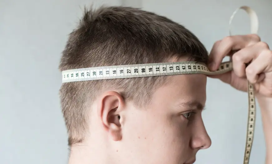 The Headroom Method: How to Find Hats That Fit Big Heads 3 Side profile of a young man having his head circumference measured with a flexible white tape measure positioned above the ears.