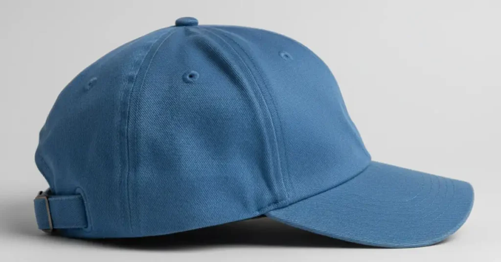 Side view of a mid-profile baseball cap crown with medium-height front panel and medium-blue fabric, illustration.