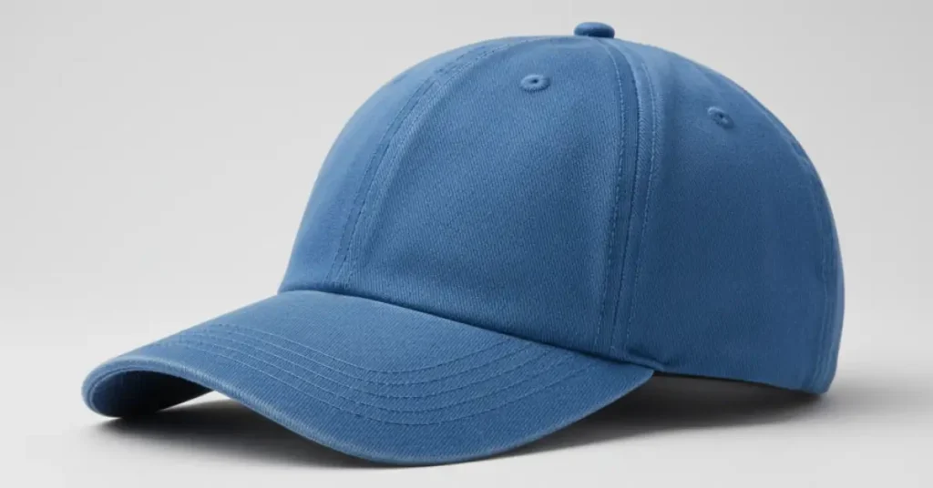 Side view of a baseball cap with a slightly curved, gently bent bill in medium-blue fabric on a light-gray background, illustration.
