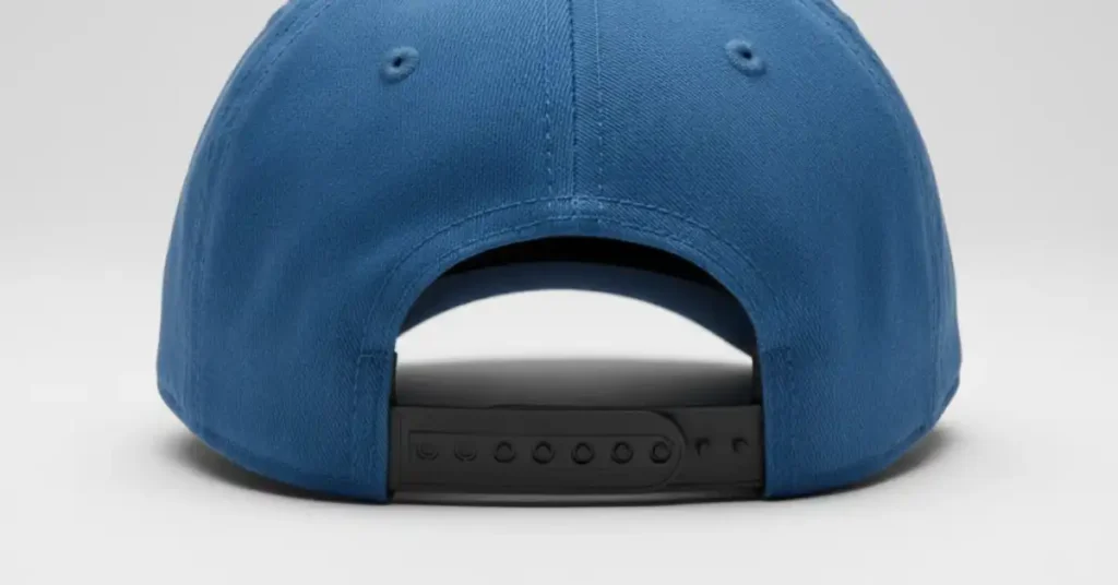 Back view of a baseball cap showing a plastic snapback closure on medium-blue fabric, detailed stitching, light-gray background, life-like illustration.
