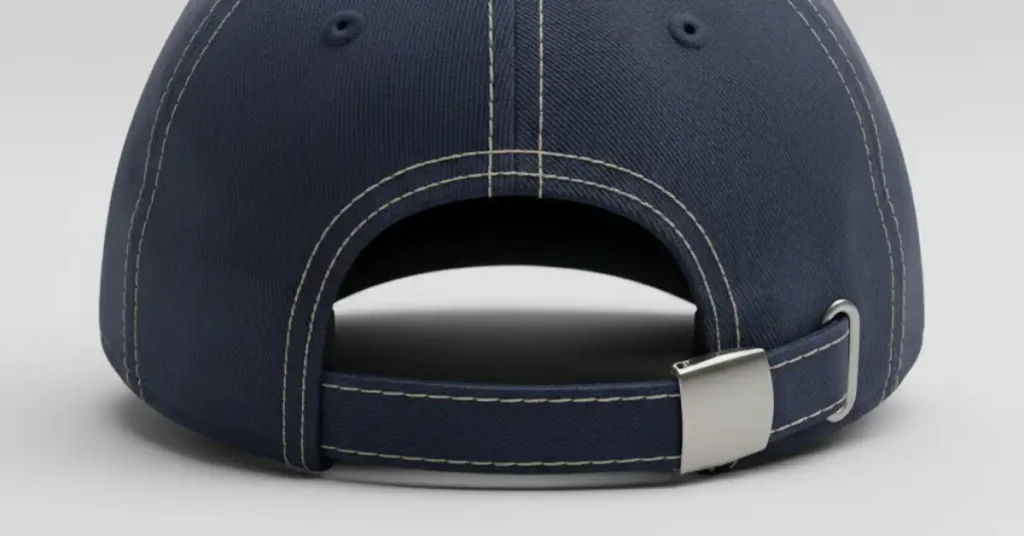 Back view of a baseball cap showing a metal strapback buckle closure on navy fabric, detailed stitching, light-gray background, life-like illustration.