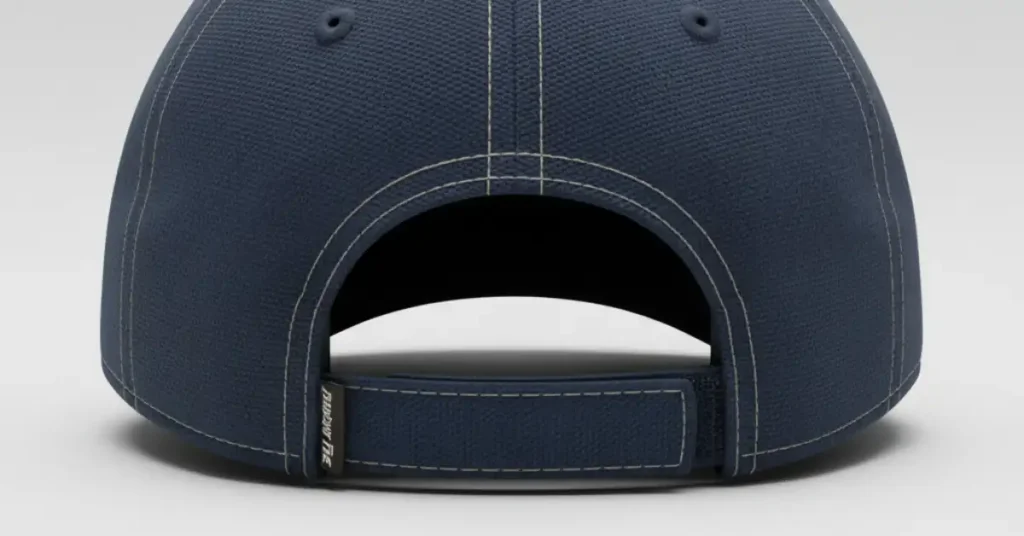 Back view of a baseball cap showing a Velcro strap closure on dark-blue fabric, detailed stitching, light-gray background, life-like illustration.