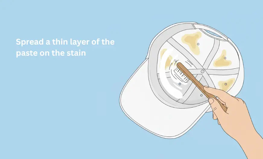 White baseball cap with yellow and brown sweat stains on the inside sweatband, a hand applying a thin layer of stain-fighting paste with a soft brush or old toothbrush